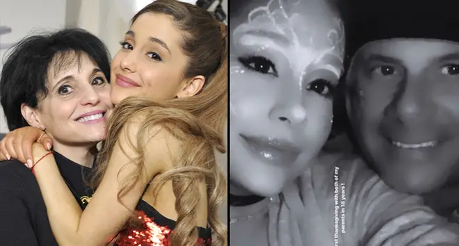 Joan Grande (L) and singer Ariana Grande pose in the Music Choice Lounge backstage, with her father.
