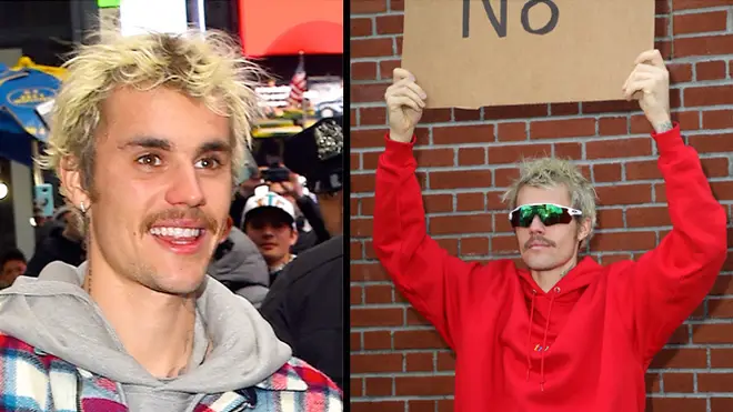 Justin Bieber moustache with dude with sign