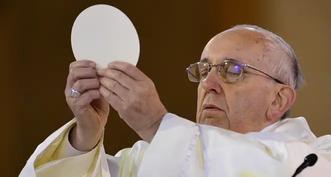 Pope Francis holds communion as he celebrates Mass at the Basilica of the National Shrine of Our Lady Aparecida on July 24, 2013 in Aparecida, Brazil.
