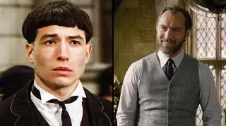Ezra Miller as Credence Barebone and Jude Law as Albus Dumbledore in 'Fantastic Beasts: The Crimes of Grindelwald'