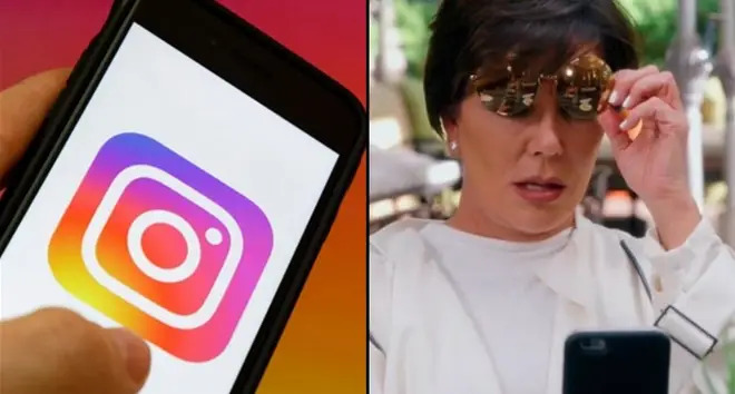The Logo of photo and video-sharing social networking service Instagram is displayed on a smartphone/Kris Jenner looking shocked at her phone