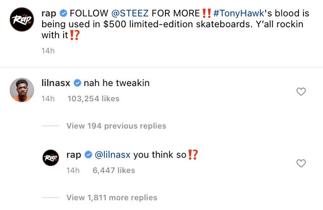 Lil Nas X comments 'nah he tweakin' on @rap's Instagram post