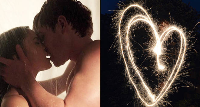 Veronica Lodge and Archie Andrews in the shower/Light trail of hand-held sparklers in the shape of a heart