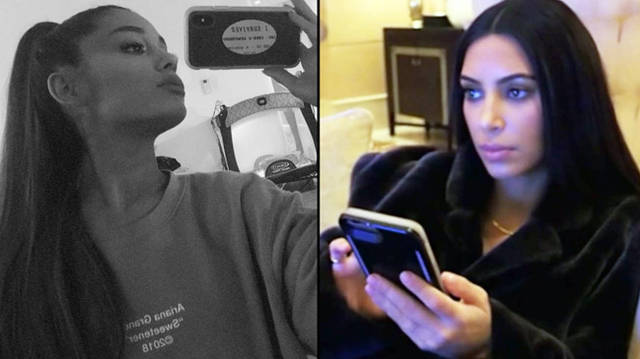 Ariana Grande black and white selfie/Kim Kardashian looking at her phone.