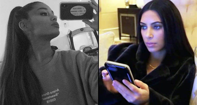 Ariana Grande black and white selfie/Kim Kardashian looking at her phone.