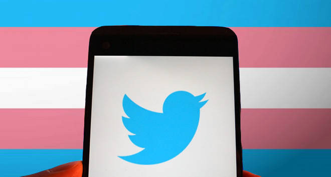 Transgender flag/The logo of Twitter is seen in a smartphone
