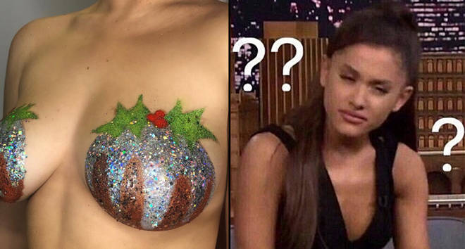 Christmas pudding boobs/Confused Ariana Grande