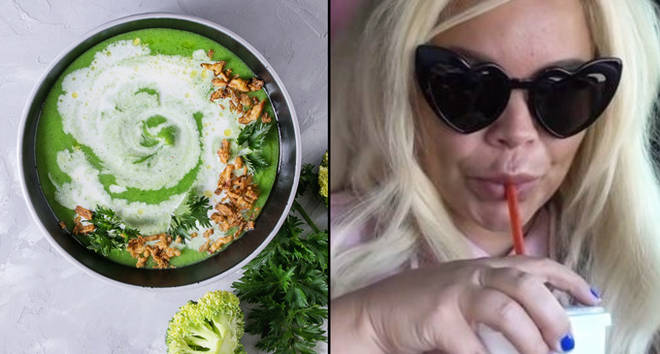 Vegetarian broccoli cream soup served in black bowl with cream, fried onion, fresh parsley and broccoli over over gray concrete background/Trisha Paytas slurping a drink