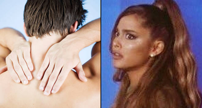 Portrait of a man rubbing his back/Ariana Grande disgusted