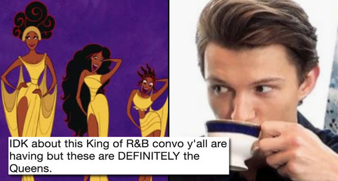 Three of the five Muses in Hercules/Tom Holland drinking tea