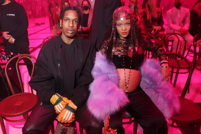 Asap Rocky and Rihanna are seen at the Gucci show during Milan Fashion Week Fall