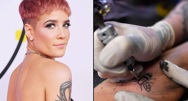 Halsey attends the 2018 American Music Awards/A tattoo artist inks a bee logo