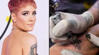 Halsey attends the 2018 American Music Awards/A tattoo artist inks a bee logo