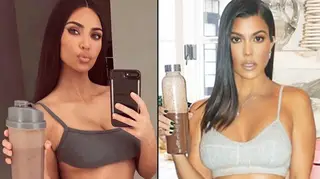 Kim and Kourtney Kardashian holding up diet shakes