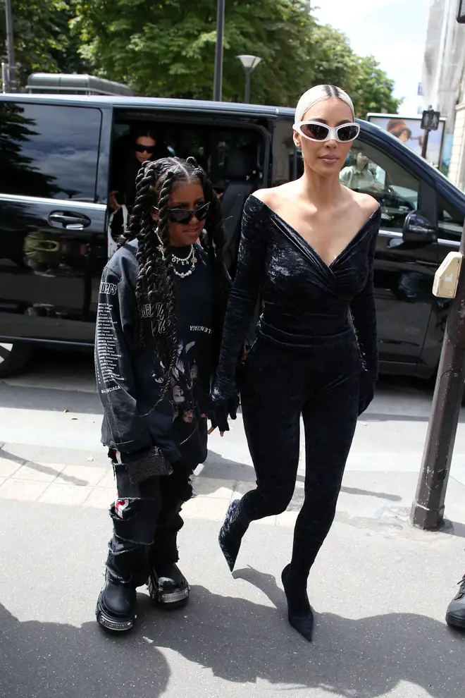 North West and Kim Kardashian are seen on July 6, 2022 in Paris.