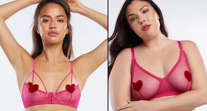 Two Savage X Fenty models in heart bras.