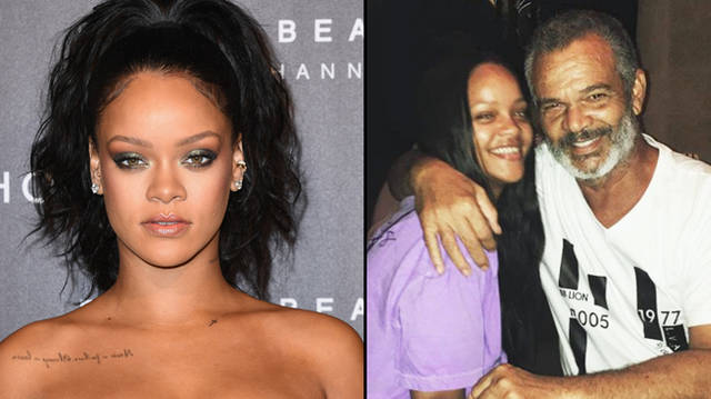 Rihanna attends the Fenty Beauty by Rihanna Paris launch party/hugging her father Ronald Fenty