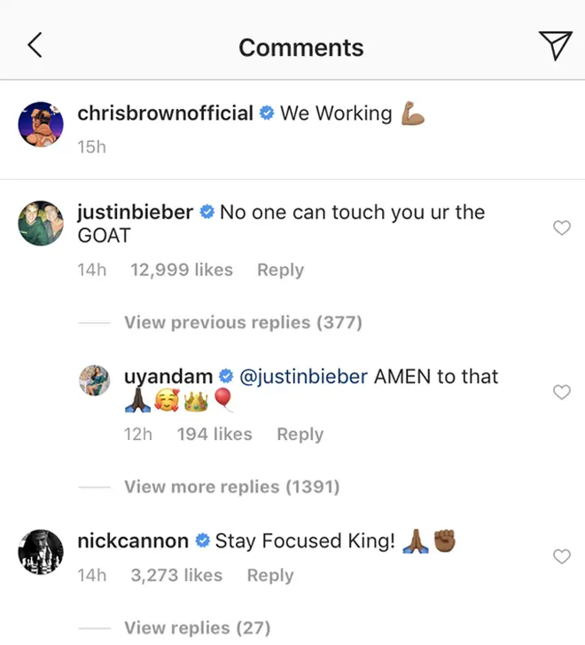 Justin Bieber's Instagram comment.