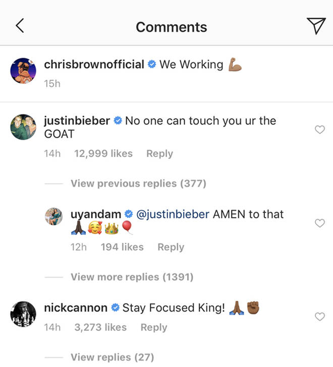 Justin Bieber's Instagram comment.