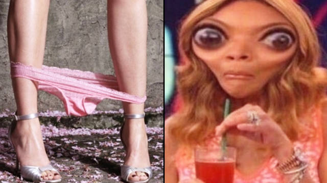 Woman with pants around her ankles/Wendy Williams sipping drink