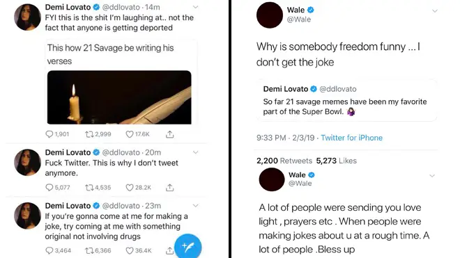 Wale calls out Demi Lovato for her 21 Savage meme tweet