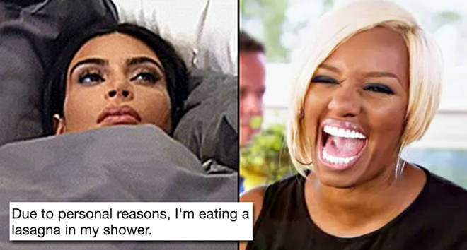 Kim Kardashian in bed/Nene Leakes laughing