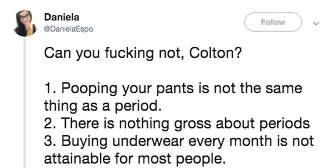 Reaction to Colton Period comments Twitter