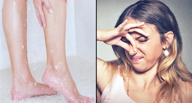Legs in the shower/woman holding her nose