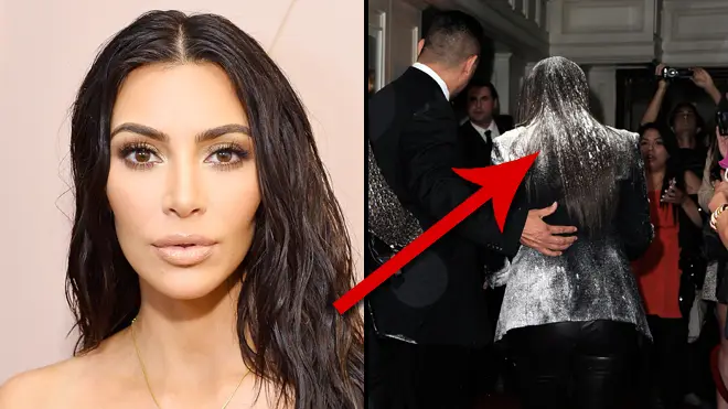 Kim Kardashian allegedly staged being hit with a flour bomb on the red carpet