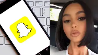 Snapchat logo is seen displayed on a smartphone/Kim Kardashian Snapchat selfie.