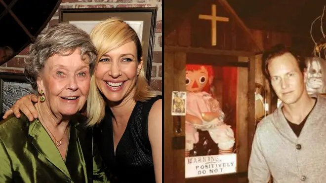 The real Lorraine Warren with Vera Farmiga and the real Annabelle doll with Patrick Wilson