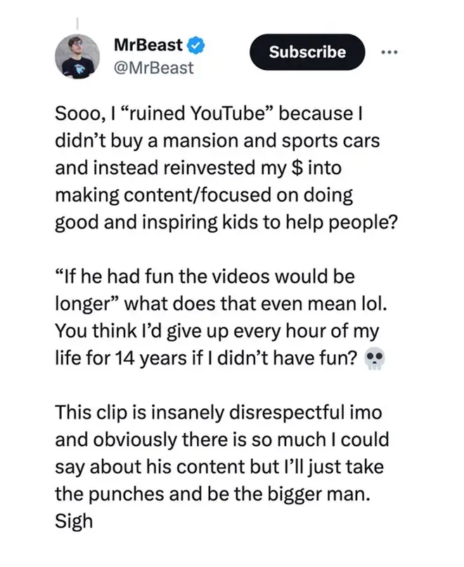MrBeast responds after Jacksepticeye claims he "ruined YouTube"