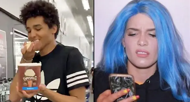 Man eating ice cream/Halsey looking at her phone.