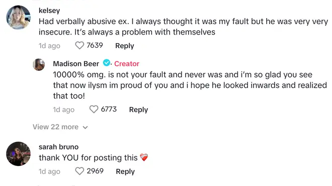 One fan told Madison Beer that they used to think their ex's verbal abuse was their fault