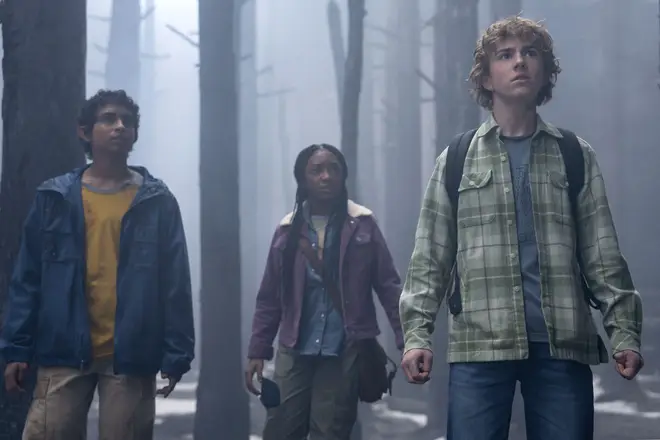 Walker Scobell, Aryan Simhadri and Leah Jeffries in Percy Jackson and the Olympians