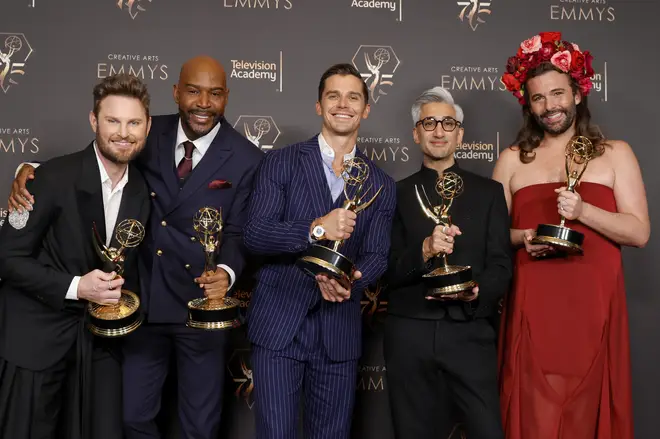 Bobby Berk, Karamo Brown, Antoni Porowski, Tan France and Jonathan Van Ness pose with Emmys