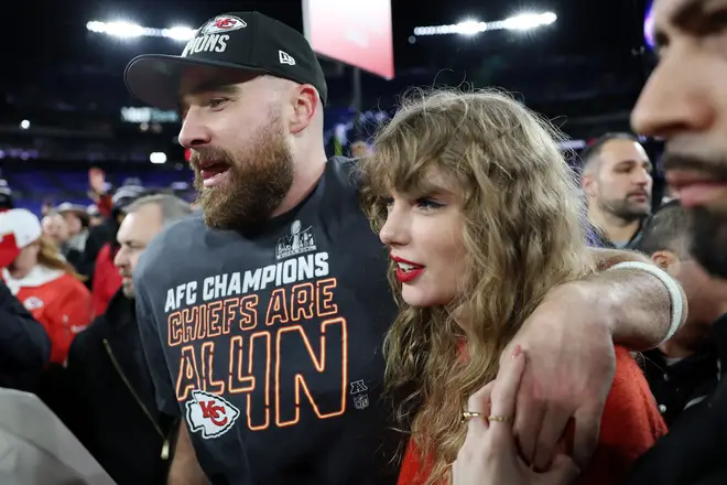 Taylor Swift celebrates with Travis Kelce after the Chiefs beat the Ravens