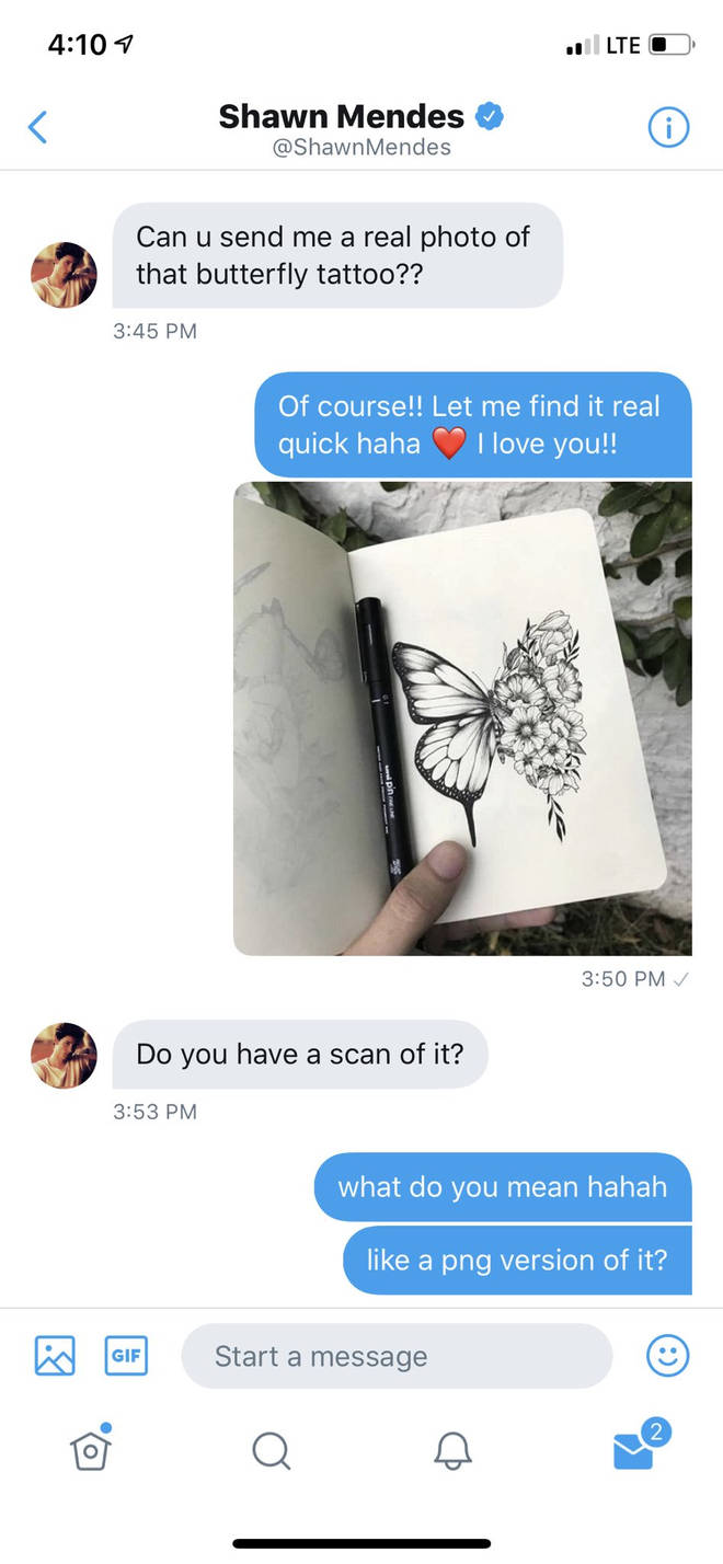 Shawn Mendes butterfly tattoo DMs