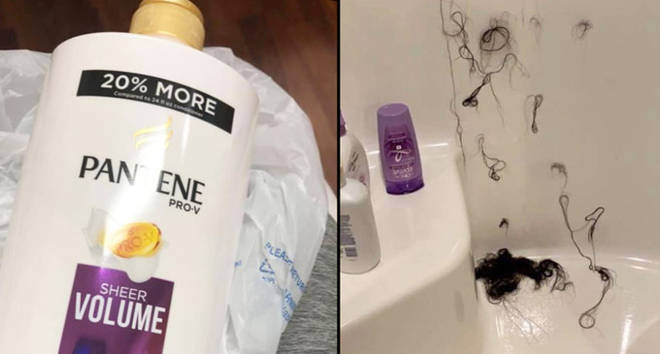 Pantene bottle and hair in the shower.