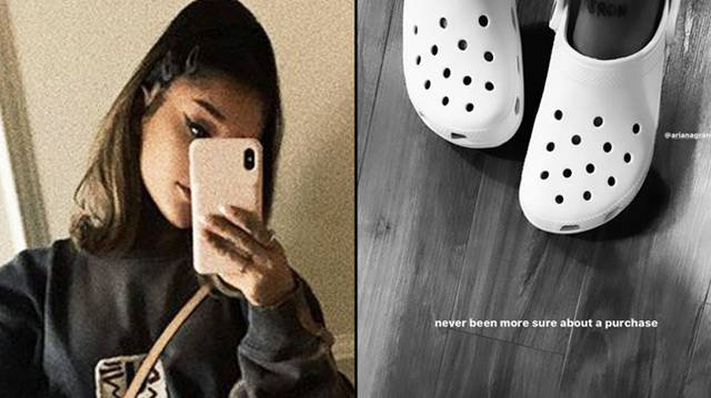 Ariana Grande selfie, Crocs Instagram Story with Courtney Chipolone.